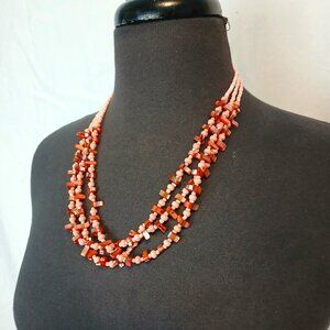 3-Strand Peach/Red/Mother-of-Pearl Necklace
